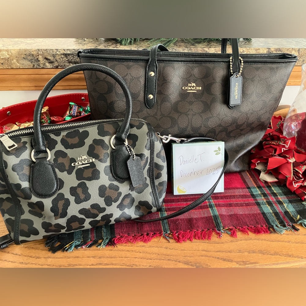 Coach Brown Signature Tote & Black/Grey Leopard Mini Satchel